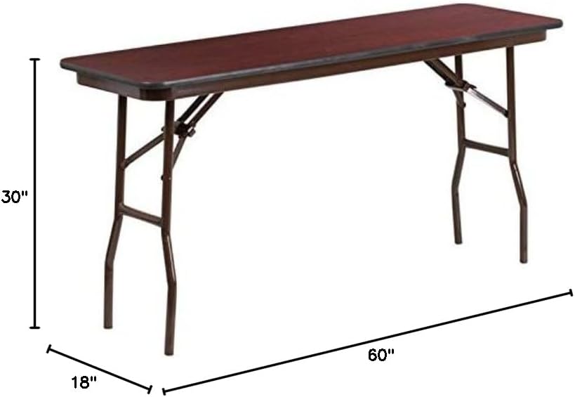 BOWERY HILL 18" x 60" Folding Table, Mahogany Finish, High Pressure Laminate Top, Brown T-Mold Edge Band, 18 Gauge Steel Legs, Training Style Table for Classroom, Banquet Halls or Hospitality Use