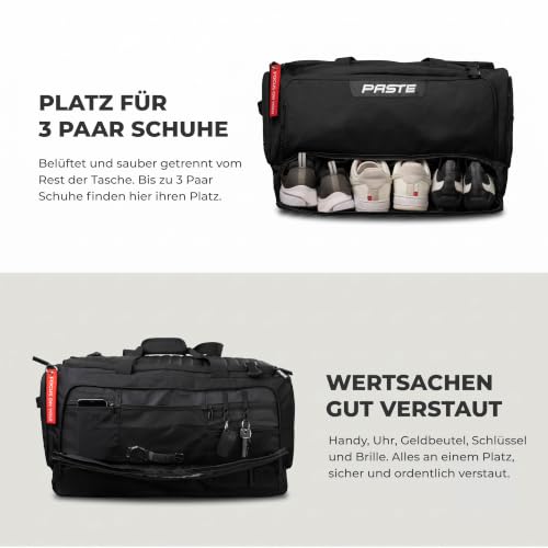 PASTE® - Premium Sporttasche 68L mit Rucksackfunktion, Schuhfach & Nassfach Schwarz - Fußballtasche & Trainings-Tasche mit Kühlfunktion… – Ansicht 4