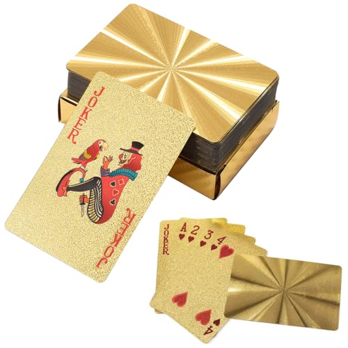Pokerkarten,Spielkarten,Wasserdichte Spielkarten,Spielkarten Plastik, Professionelle Pokerkarte,Schwarze Spielkarten,Kartenspiel,Standard 54 Poker,für Texas Holdem Poker Deluxe Kartenspiele,Gold