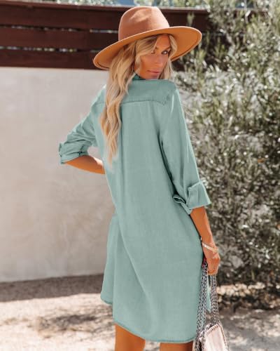 Image of Paintcolors Women's Long Sleeve Silk Denim Button Up Dresses Shirt Tunics Cover-ups Oversized Blouse Tops with Pockets
