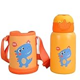 Cute Insulated Water Bottle with Straw Strap Kids, 17 oz Metal Cups for Hot and Cold Drinks, BPA Free Stainless Steel Thermoses Leak-proof Flask for Boys and Girls School Indoor Outdoor Sports(Yellow)