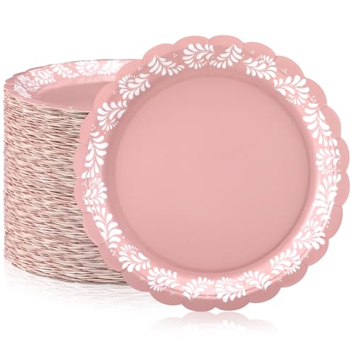 AmazingSpark 100 Pcs 9 Inch Pink Cielito Lindo Baby Shower Paper Plates Platos De Barro Mexicanos Mexican Party Plates Disposable Talavera Dishes for Fiesta Taco Birthday Wedding Supplies Decoration