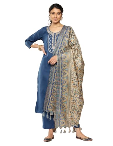 Varanga Canesú bordado de talla grande para mujer Kurta recta emparejado con fondo tonal y Bhagalpuri Dupatta impreso, ropa étnica elegante y cómoda para mujeres con curvas, azul, S