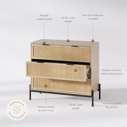 Image of Nathan James Andrew 3-Drawer Rattan Dresser or Boheminan Living Room Storage Cabinet with Natural Rattan Accent and Metal Legs, Light Oak /Black