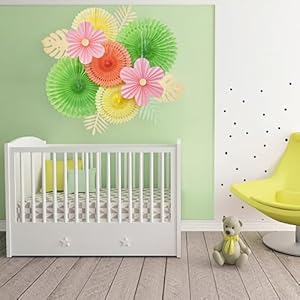SUNBEAUTY Paper Flowers Pink and Green Party Decorations Hanging Fans Spring Summer Decor for Wall Wedding Backdrop Bridal Shower Birthday 9Pcs