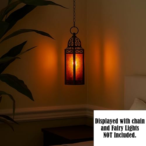 VELA LANTERNS 2pk Moroccan Candle Lantern Decorative Candle Holder Lamp for Table or Hanging, Indoor Home Decor, Outdoor Patio or Porch, Weddings, Black Metal, Medium, Amber Glass