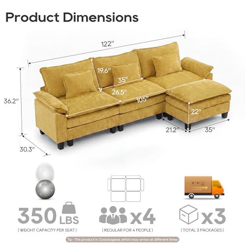 Image of URRED Oversized Modular Sectional Sofa,Yellow:122 inch L Shaped