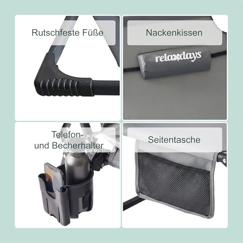 Relaxdays Campingbett klappbar, Matratze, Nackenkissen, Handyhalter, bis 250 kg, HBT: 26x190x72 cm, Feldbett, grau
