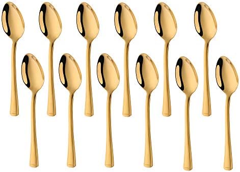 12-Piece Round Bouillon Spoons Soup Spoons, Gold Stainless Steel Cutlery Set for Home Kitchen or Restaurant, Buyer Star Mirror Polished Tableware