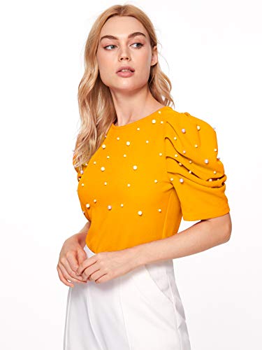 Romwe Women's Elegant Pearl Embellished Puff Short Sleeve Embroidered Blouse Tops Beaded Yellow Small #TOP3