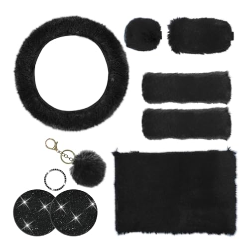 10PCS Fluffy Car Accessories Set, Furry Steering Wheel Cover with Warm Fuzzy Gear Shift Cover Ball Keychain Handbrake Cover Console Seat Belt Shoulder Pads & Diamond Ignition Ring Cup Mats (Black)