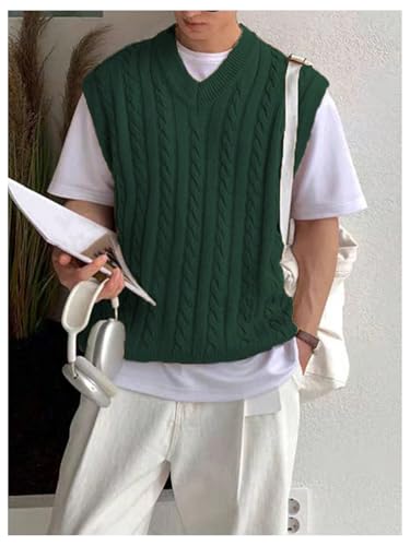 OYOANGLE Men's Cable Knit Sweater Vest V Neck Sleeveless Knitted Tank Top Knitwear3