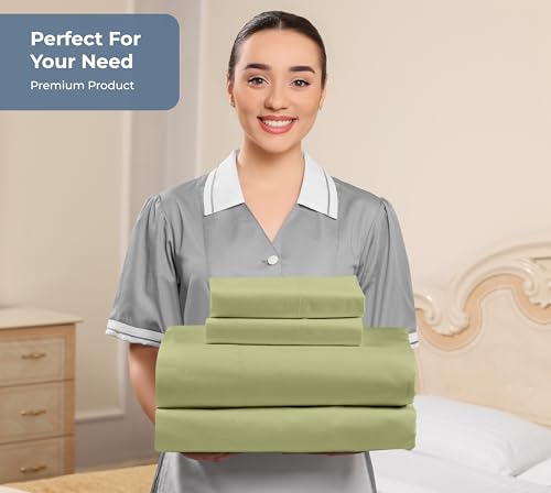 Image of ROYALE LINENS 100% Organic Cotton Full Sheet Set - Percale Weave - 4 Pieces Set - 1 Flat, 1 Deep Pocket Fitted Sheet and 2 Pillowcases - Sage Green Bed Sheets - Sabanas Full - Crisp Cool (Sage Green)