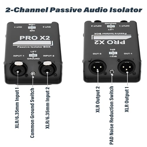 PRO X2 Passive Ground Loop Isolator, 2-Channel Stereo Direct Box Audio Static Feedback Hum Eliminator, XLR/6.35mm to XLR for Live Sound System Broadcast Studio Streaming