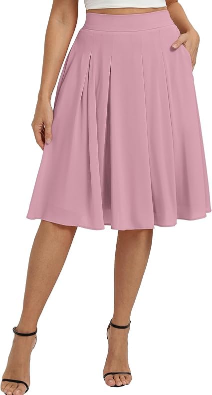 Belle Poque Faldas midi para mujer, de cintura alta, plisada, acampanada, holgada, casual, con bolsillos, Gris rosa., XXL