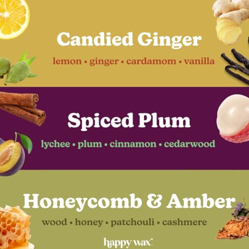 Image of Happy Wax Fall Treats Collection Scented Natural Soy Wax Melts - 6 Total Oz. Collection Includes Spiced Plum, Candied Ginger and Honeycomb & Amber