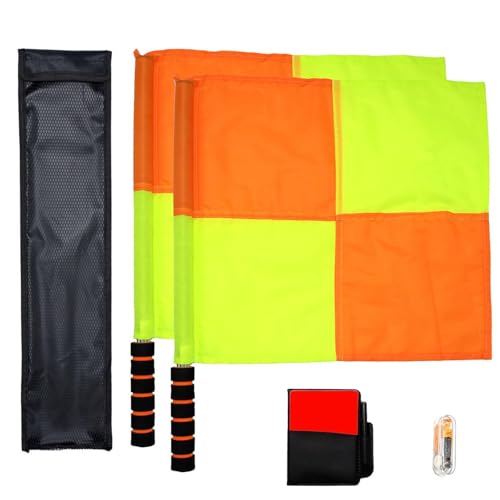 Soccer Referee Flag Checkered Linesman Flags Set with Storage Bag Metal Pole Foam Handle WaterProof Red Yellow Cards with Notebook and Pencil Stainless Steel Whistles with Lanyard