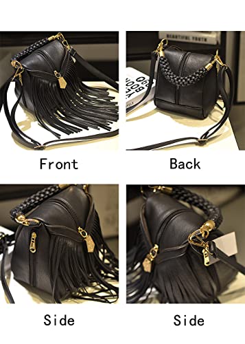 YAQUNICER Women Vintage Tassel Crossbody Bag Weave Handbag Small Purse Bucket Bags2