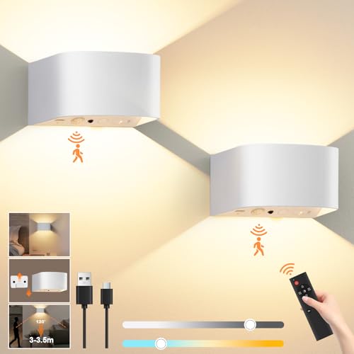 5000mAh Wandleuchte Akku mit Bewegungsmelder, Ohne Bohren Wandlampe mit Fernbedienung,Dimmbare Farbtemperatur, 3 Farben, Wiederaufladbare Wandstrahler Ohne Stromanschluss für Flur, Garage / Wohnräume