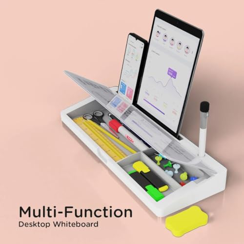 Image of Shuttle Art Tabletop Smart Desk Buddy Whiteboard Easel | Desk Organizer with Storage Compartment | Office Home School Study Supplies | Memo Board-Marker & Eraser | Computer Keyboard Stand-Grey White