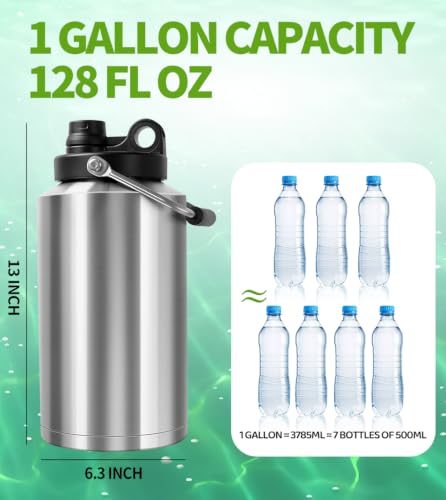 Image of Insulated Water Bottle,1 Gallon Jug with Handle, 128oz Stainless Steel, Large Water Wide Mouth Bottle for Hot & Cold Drinks, Ideal for Travel, Camping, Family (Stainless Steel)