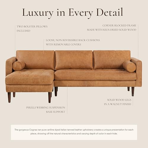 Image of POLY & BARK Napa 104.5 inch Left-Facing Sectional Sofa - Cognac Tan Full-Grain Pure-Aniline Italian Leather, Feather-Down Cushions, Kiln-Dried Solid Wood Frame, Walnut Legs