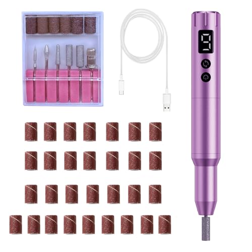 Nail Drill Kit Electric Rechargeable Set Cordless Nail Art Grinding Machine Compact Professional Nail File for Gel Manicure Pedicure Polishing Tool Household Nail Removal Machine (Purple)