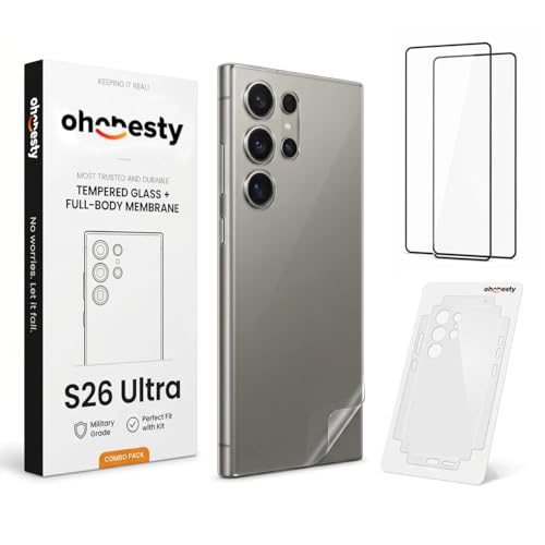 Image of UNBREAKcable Samsung Galaxy S26 Ultra Full Coverage Pack of 2 in 1 Full Glue Tempered Glass Combo with Back Membrane Protector 9H Hardness HD Clear Bubble Free Edge to Edge Protection (By ohonesty)
