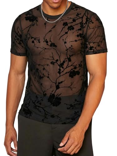 WDIRARA Men's Floral Print See Through Round Neck Short Sleeve Mesh Tshirt Party Top Black Mesh Flopral X-Large