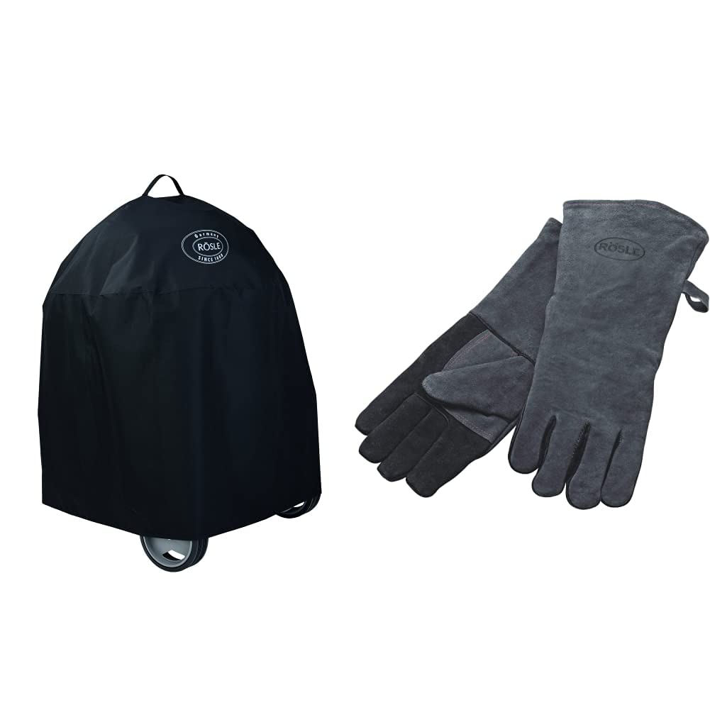RÖSLE Holzkohle-Kugelgrill Abdeckhaube No.1 F60/F60 AIR/G60, Hochwertige Schutzhülle & Grillhandschuhe, Hochwertige Lederhandschuhe zum Schutz vor Verbrennungen, Universalgröße 24/XL, grau/schwarz
