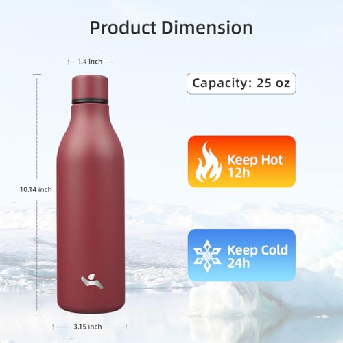 Image of Konokyo Insulated Water Bottle with Strap,25 oz Double Wall Stainless Steel Vacuum Bottles Metal Water Flask,Brick Red