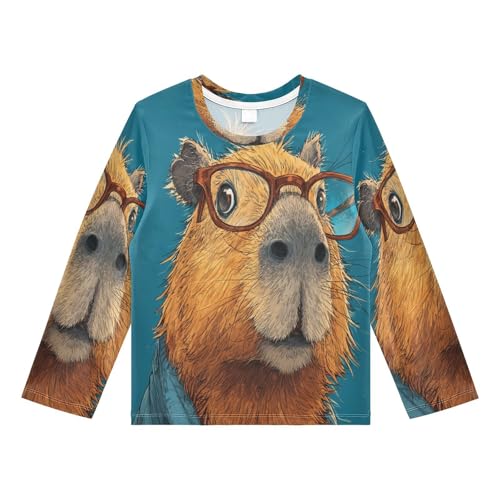 Stylish Capybara Funny Boys Rash Guard Long Sleeve UPF 50+ Boys Swim Shirt Quick Dry Shirt for 3-12 Years
