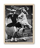 iHery Natural OAK Wood Framed Vintage Women Dancing Wall Art, 12x16in Beige Frame Canvas Retro Women Fashion, Chic Ladies Posing, Black and White Print, Vintage Feminist Wall Decor Set of 1