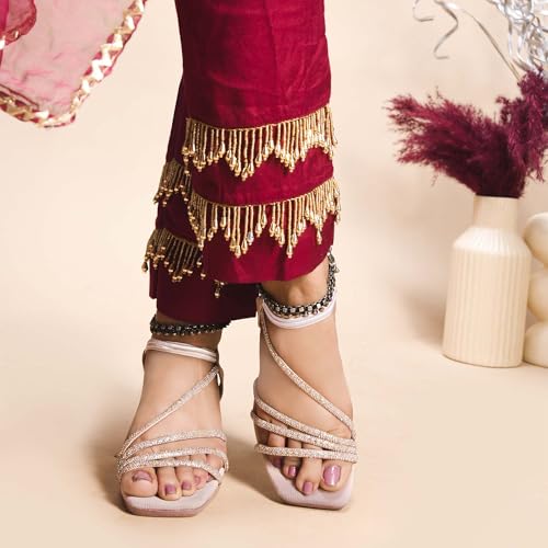 Image of JM LOOKS Women's Sandal Strappy Embellished Heels Ankel Strap Square Toe Lightweight Comfortable Stylish for Wedding Party Festivel Occasion.
