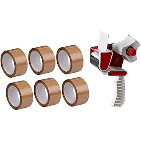 EPISENT Heavy Duty Packaging Tape Gun Dispenser - with Pack of 6 Brown Packaging Tape Rolls - 48MM x 66M - Heavy Duty Packing Tape with Dispenser - Tape Gun - for Parcel Boxes or General Purpose Cover