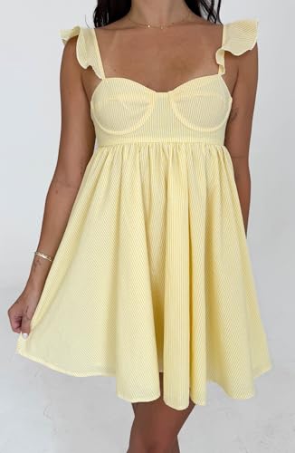 Image of NUFIWI Y2K Ruffle Hem Babydoll Mini Dresses Square Neck Spaghetti Strap Short Dresses Boho Flowy Patchwork Sundress Vocation