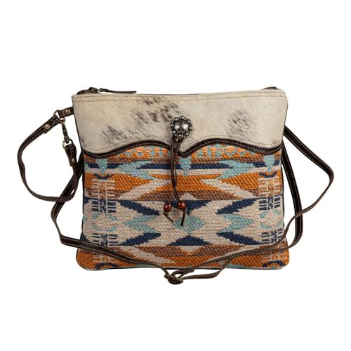Myra Bag Purses for Women - Sun Serape Cowhide Purse and Tribal-Inspired Upcycled Woven Rug in Hues of Rust, Orange, Blues, and Ivory, Western Purses for Women