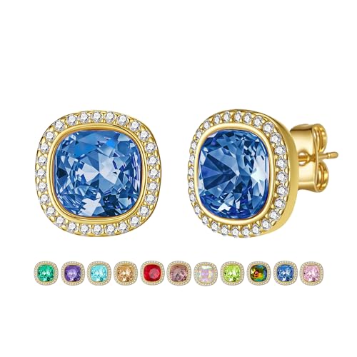 EVEVIC Austrian Crystal Halo Square Stud Earrings for Women 14K Gold Plated Birthstone Earring Hypoallergenic Jewelry Gifts