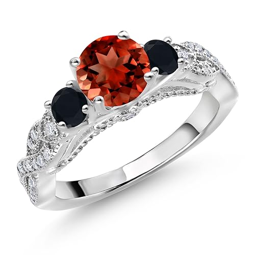 Gem Stone King 925 Sterling Silver Red Garnet Black Onyx and White Moissanite Engagement Ring For Women (1.47 Cttw, Gemstone January Birthstone, Round 6MM and 3MM)