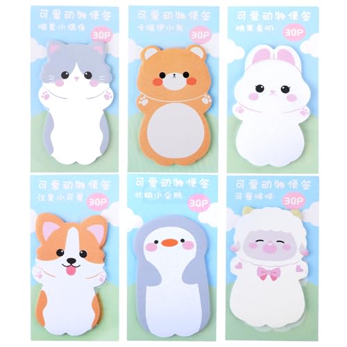 Amaxiu 180 Hojas de Notas Adhesivas con Lindos Animales, Paquete de 6 Notas Adhesivas Kawaii Blocs de Notas Autoadhesivos de Dibujos Animados Lindos para Estudiantes en Casa Escuela Oficina (8 x 5 cm)