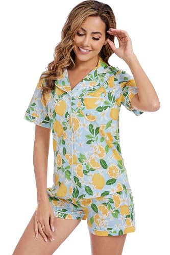 Image of LUBOT 100% Cotton Pajamas for Women 2 Piece PJ Set Button-Down Soft Knit Short Sleeve Summer Sleepwear Loungewear XS-XXL