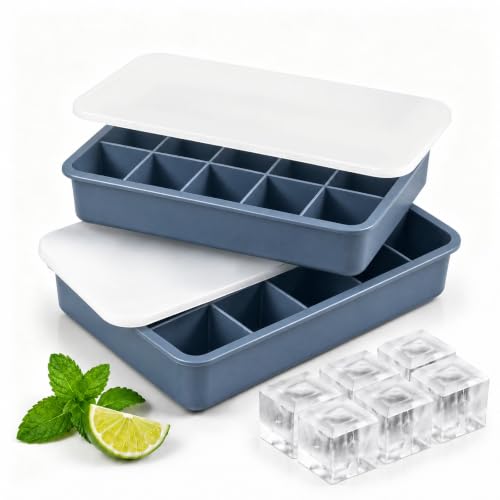 Lot de 2 Bac à Glaçons en Silicone Empilable avec Couvercle, Format 15 Cavités Carré, Facile à Démouler, Réutilisable, Certifié LFGB et sans BPA, Bleu