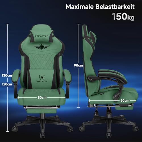 Image of GTPLAYER Gaming Chair, Ergonomic Fabric Gamer Chair with Lumbar Support, PC Chair with Widened Backrest, Maximum Load 150 kg, Green