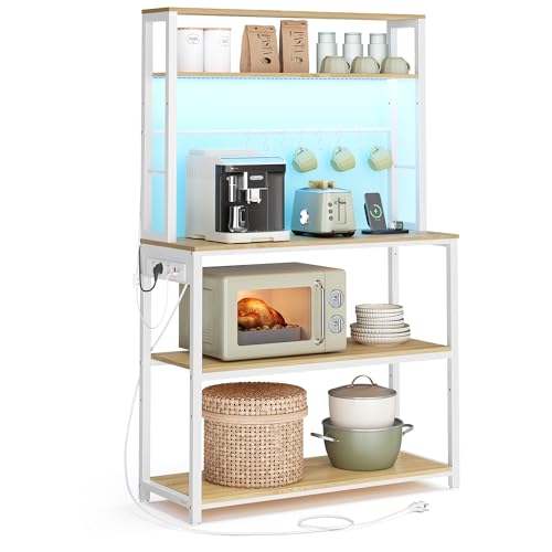 VASAGLE Küchenregal mit LED-Beleuchtung, Standregal mit Steckdosen, Mikrowellen-Regal mit...