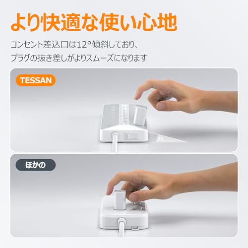 TESSAN 電源タップ スイッチ付き 延長コード 2m usb コンセント TESSAN 12個AC口 3個USBポート テーブルタップ 壁掛け マルチ oa 幅広コンセント 蛸足コンセント タコ足配線 節電 3ピン 省エネ 雷ガード 2ピン 3ピンプラグ対応 の商品画像 4