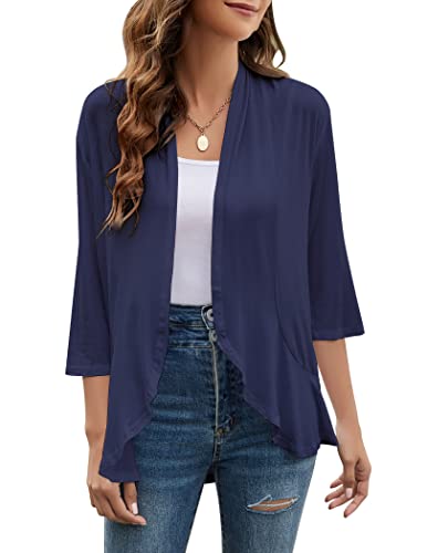 Image of Yekaty Women Cardigan 3 /4 Sleeves Open Front Lightweight Cardigan Draped Ruffles Knit Cardigan