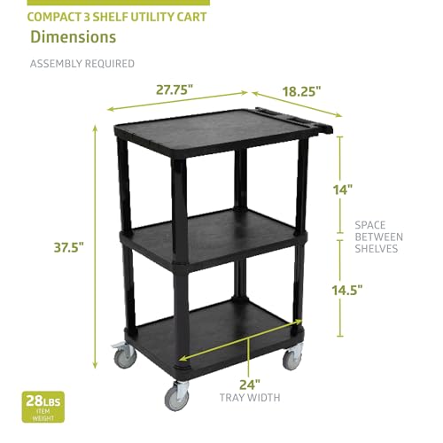 Image of Pearington 3-Tier Compact Multi-Purpose Plastic Utility Cart with Lockable Wheels up to 300LBS, Black