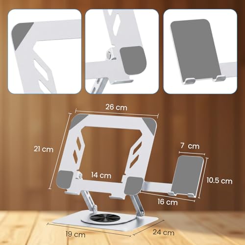 Image of Dyazo 360 Rotation 2 in 1 Laptop Stand with Mobile Holder | Multi Height & Angle Adjustable Design with Cooling Vent & Anti-Slip Pads | Compatible for MacBook, HP, Dell, Acer, Lenovo & More (Silver)