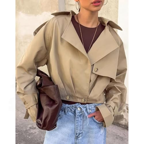 Cropped Trench Coat Women Lapel Double Breasted Raglan Sleeve Crop Jacket Fall Casual Work Office Overcoat Outerwear4