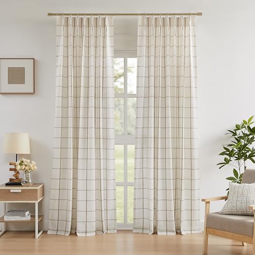 Vision Home Flax Linen Plaid Pinch Pleated Semi Sheer Curtains 60Wx102Lx2 - image 1